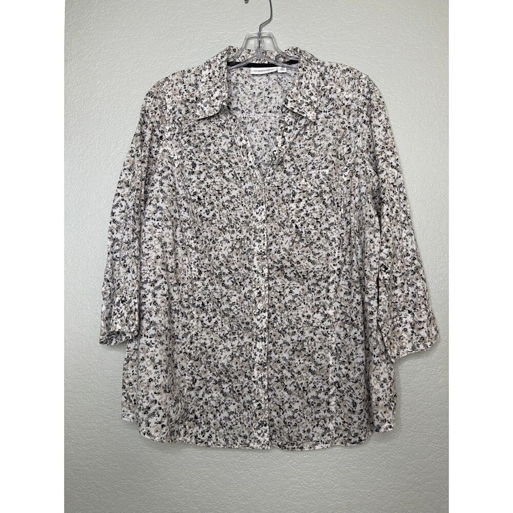 St. John’s Bay Floral Cotton Button Front Blouse Women’s Neutral V Neck 1X
